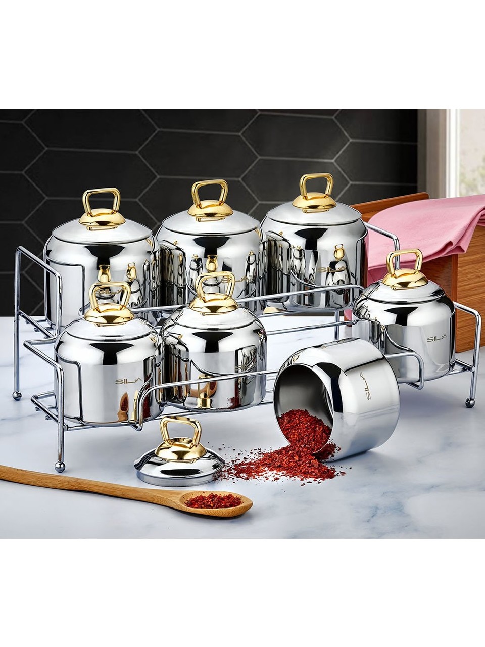 Krydderstativ rustfritt med 7 krukker, Turnor