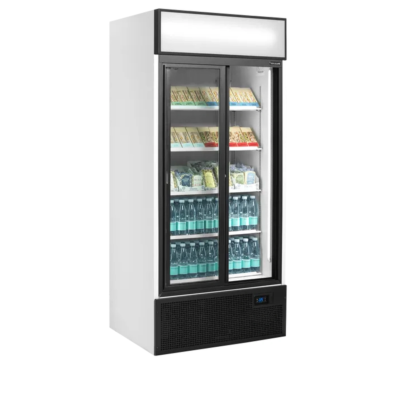 Kjøleskap med 2 glass-skyvedører – hvit – lysskilt – FSC891S – 890×740×1999 mm – Tefcold