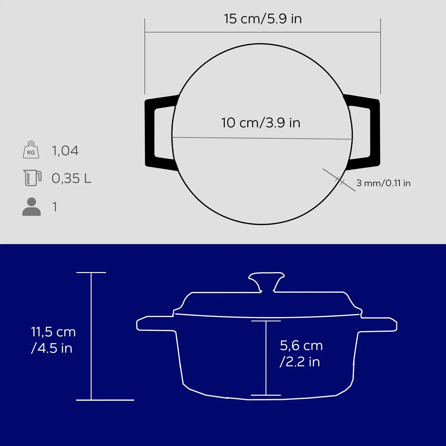 Støpejernsgryte Ø100x55 mm rund mini blå med lokk – Lava - Bilde 3