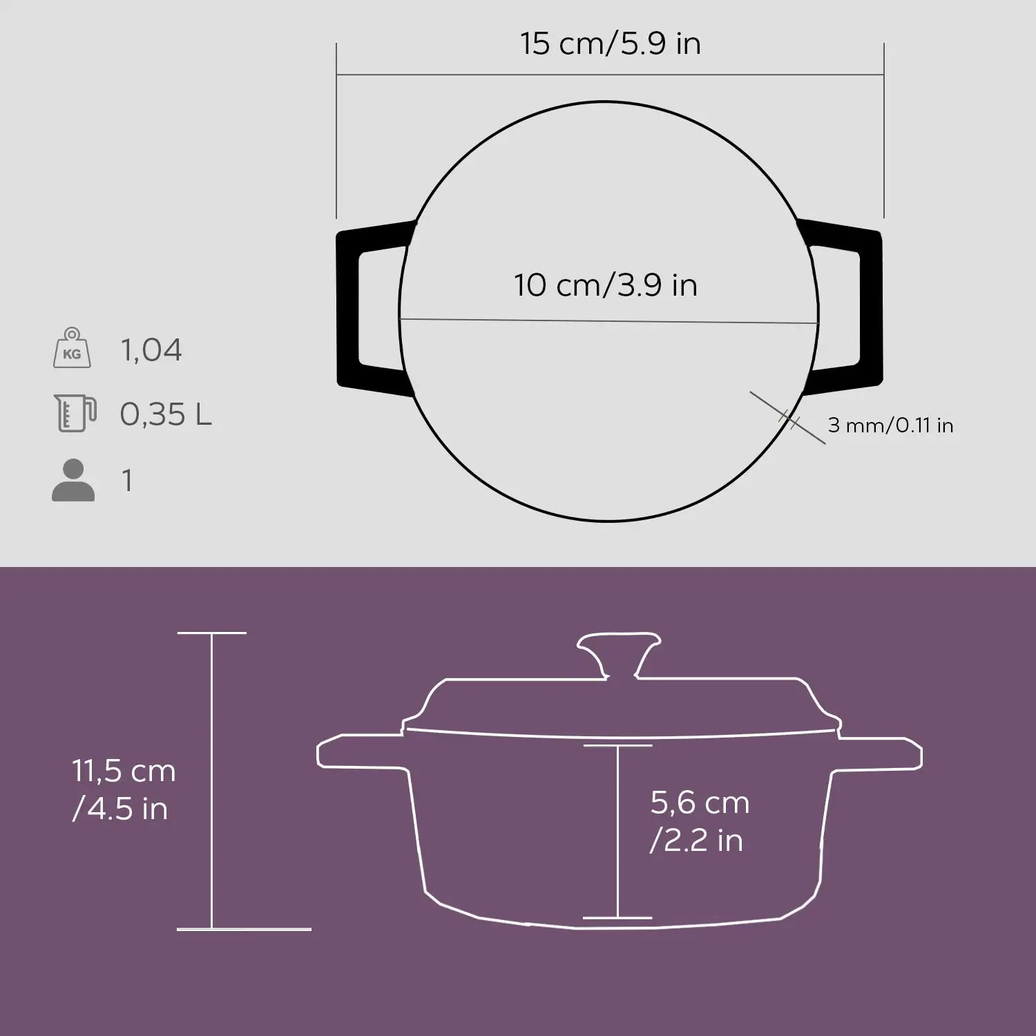 Støpejernsgryte Ø100x55 mm rund mini lilla med lokk – Lava - Bilde 3