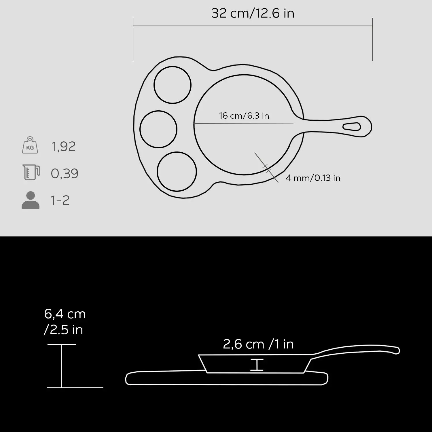Støpejernspanne Ø160x26 mm rund sort med håndtak og 3 sausbeger – Lava - Bilde 2