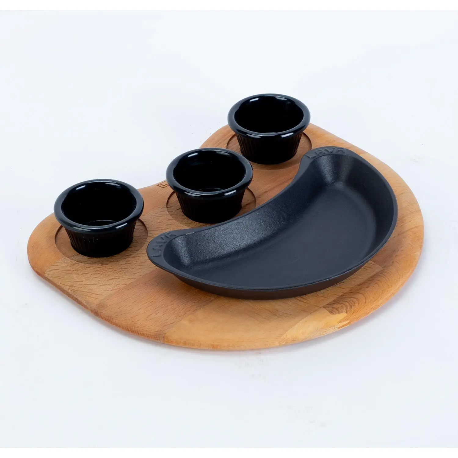 Støpejernspanne 300x265x51 mm for fajita med fjøl og 3 stk sausbeger – Lava