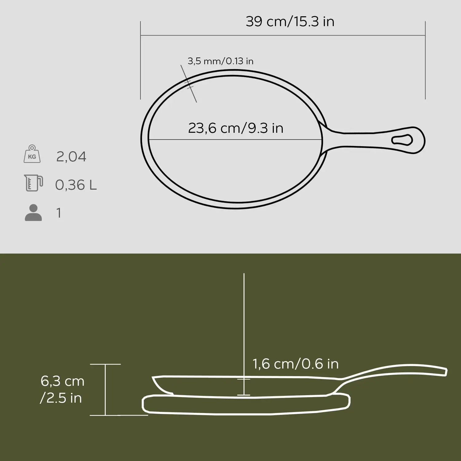Støpejernspanne 390x200x63 mm oval for fajita med fjøl og håndtak – Lava - Bilde 3