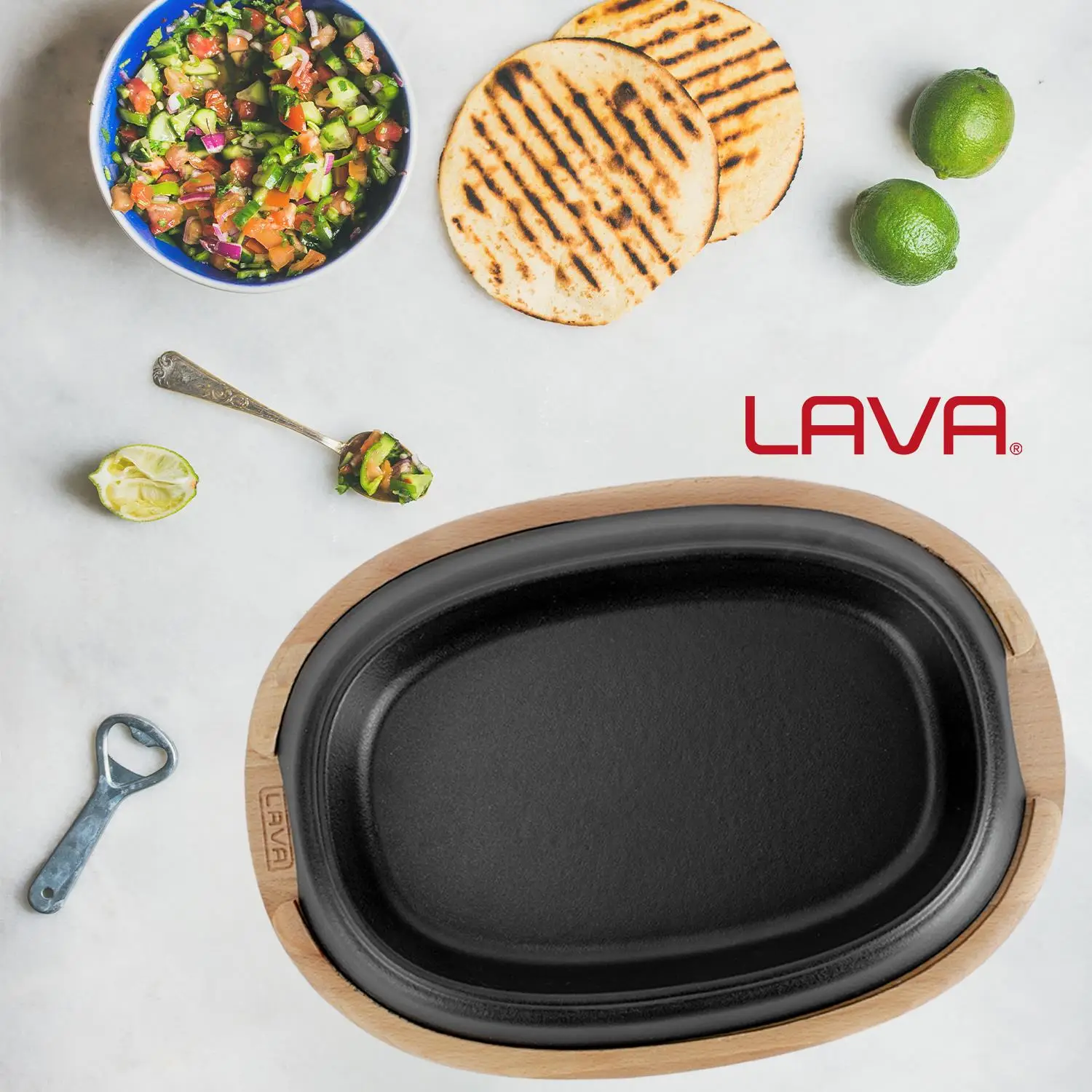 Støpejernspanne 292x213x47 mm rektangulær for fajita med fjøl – Lava