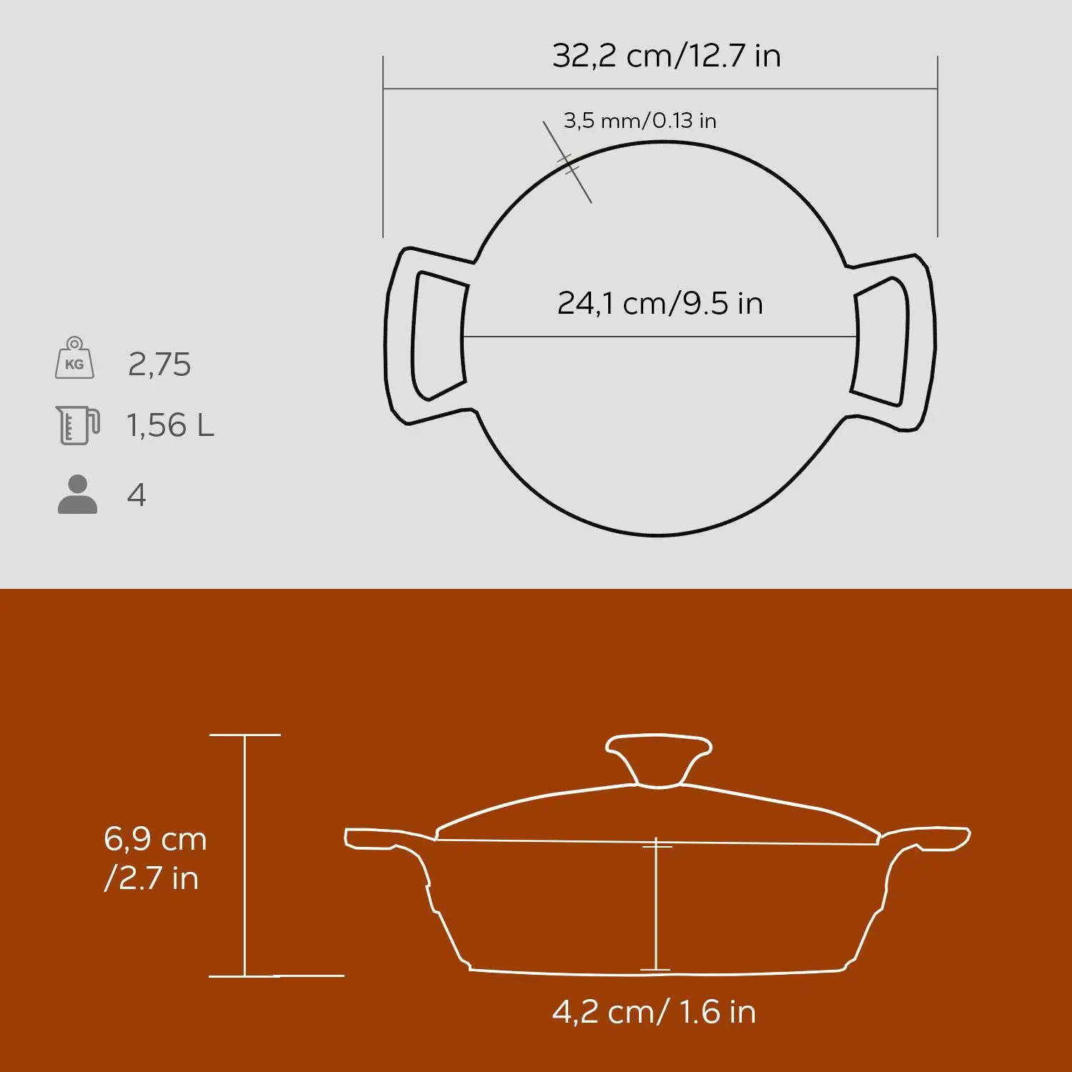 Støpejernsgryte 322x252x62 mm rund orange med glasslokk – Lava - Bilde 7