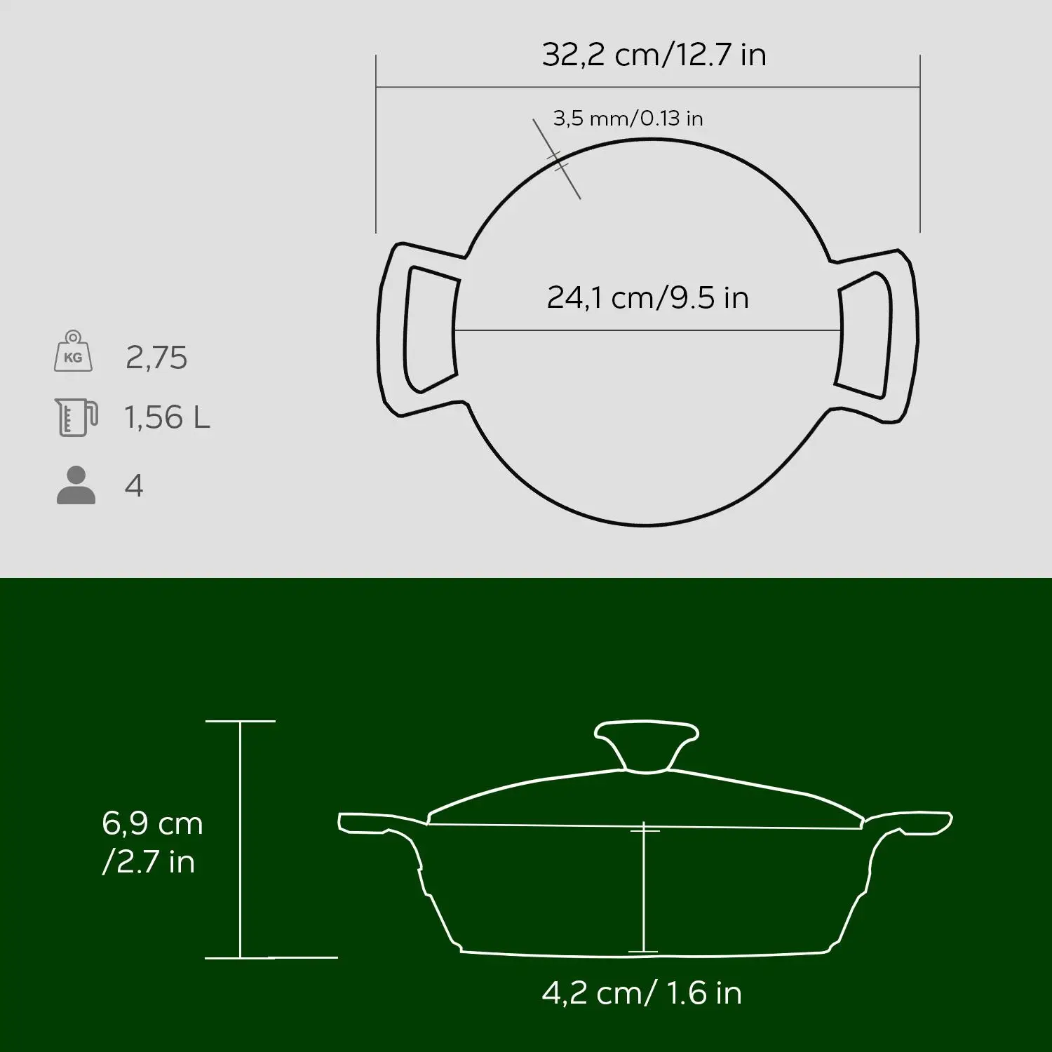 Støpejernsgryte 322x252x62 mm rund grønn med glasslokk – Lava - Bilde 3
