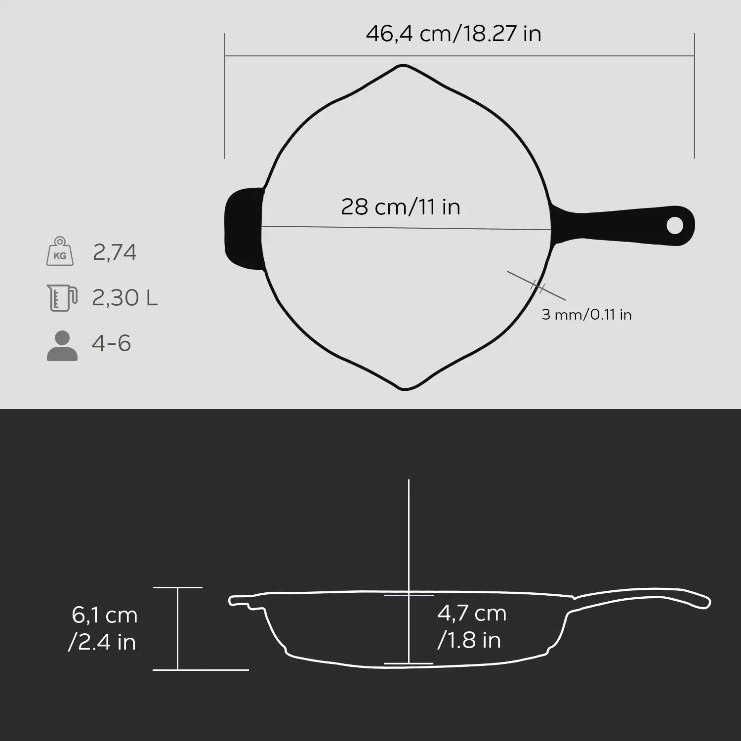 Støpejernspanne Ø280x47 mm rund med håndtak sort og helletut – Lava - Bilde 3
