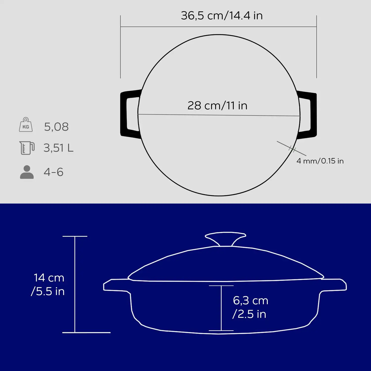Støpejernsgryte Ø280x65 mm rund multifunksjon blå med glasslokk – Lava - Bilde 3
