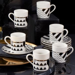 Gural Porselen Camelia Sort-Hvit Triangel 62501 tyrkisk kaffekopp sett (6 personer)