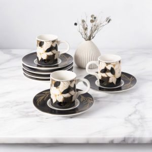 Gural Porselen Camelia Grå Blomst 6708 tyrkisk kaffekopp sett (6 personer)