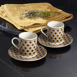 Gural Porselen Camelia Oransje-Sort Rutemønster 65111 tyrkisk kaffekopp sett (6 personer)