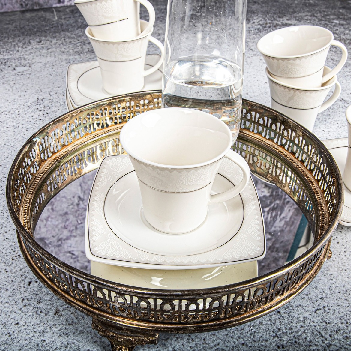 Gural Porselen Caroline Bone Sølvramme 5450 tyrkisk kaffekopp sett (6 personer) Gural Porselen Caroline Bone Sølvramme 5450 tyrkisk kaffekopp sett (6 personer) - Bilde 2