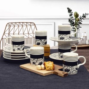 Gural Porselen Camelia Bone Mørkeblå-Gull Striper 5586 tyrkisk kaffekopp sett (6 personer)