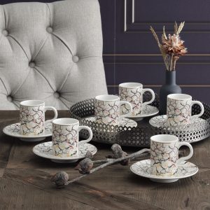 Gural Porselen Camelia Bone Flerfarget Stripemønster 5605 tyrkisk kaffekopp sett (6 personer)