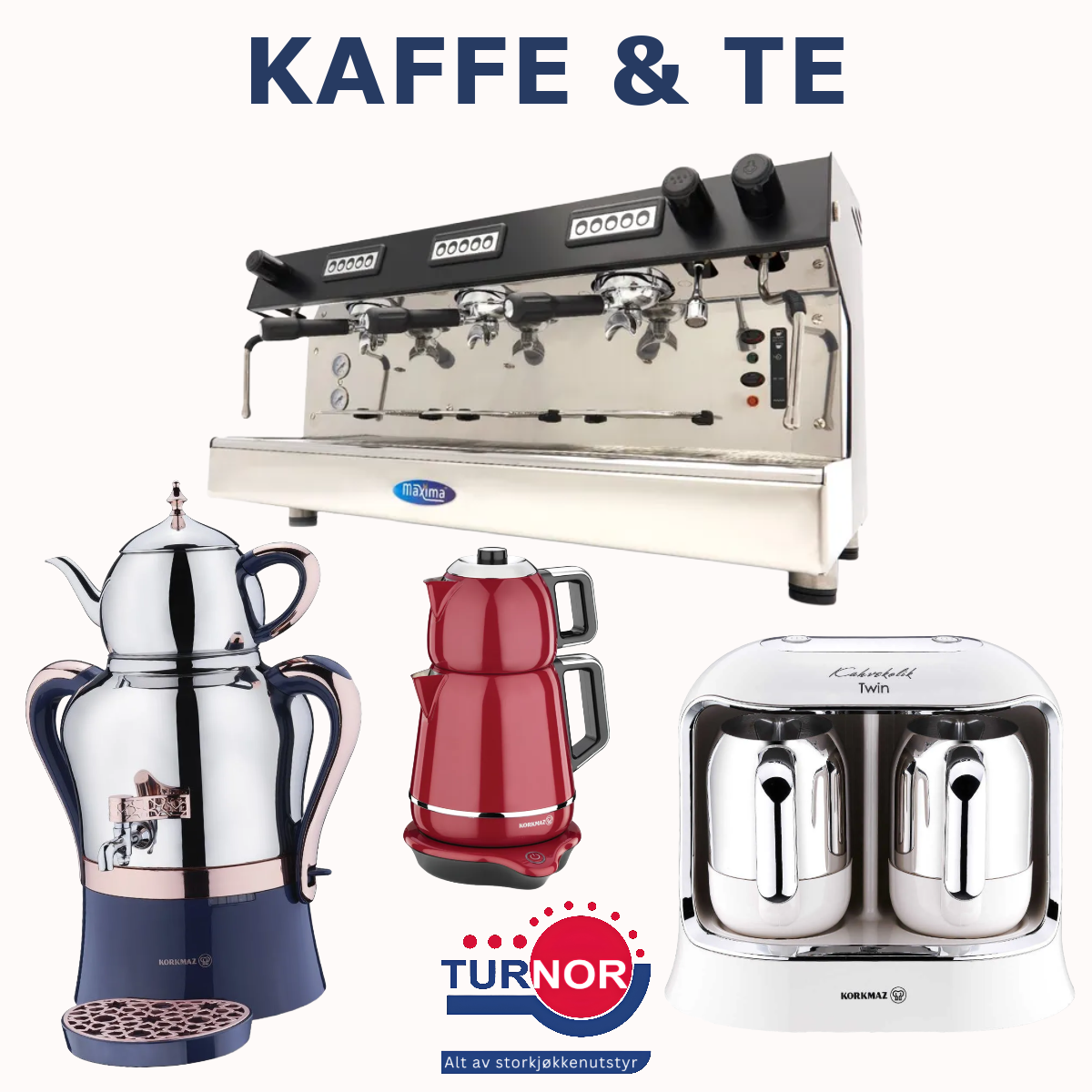 Kaffe- og teutstyr: Espressomaskin, samovar og tyrkisk kaffemaskin Espressomaskin med tre grupper, samovar, dobbel tekanne og tyrkisk kaffemaskin fra Turnor