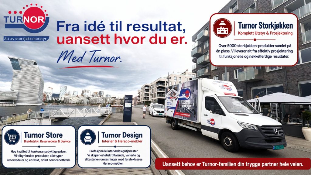Besøk Turnor-showroomet i Oslo – og møt hele Turnor-familien Turnor-lastebil ved Bjørvika i Oslo med oversikt over Turnor Storkjøkken, Turnor Store og Turnor Design