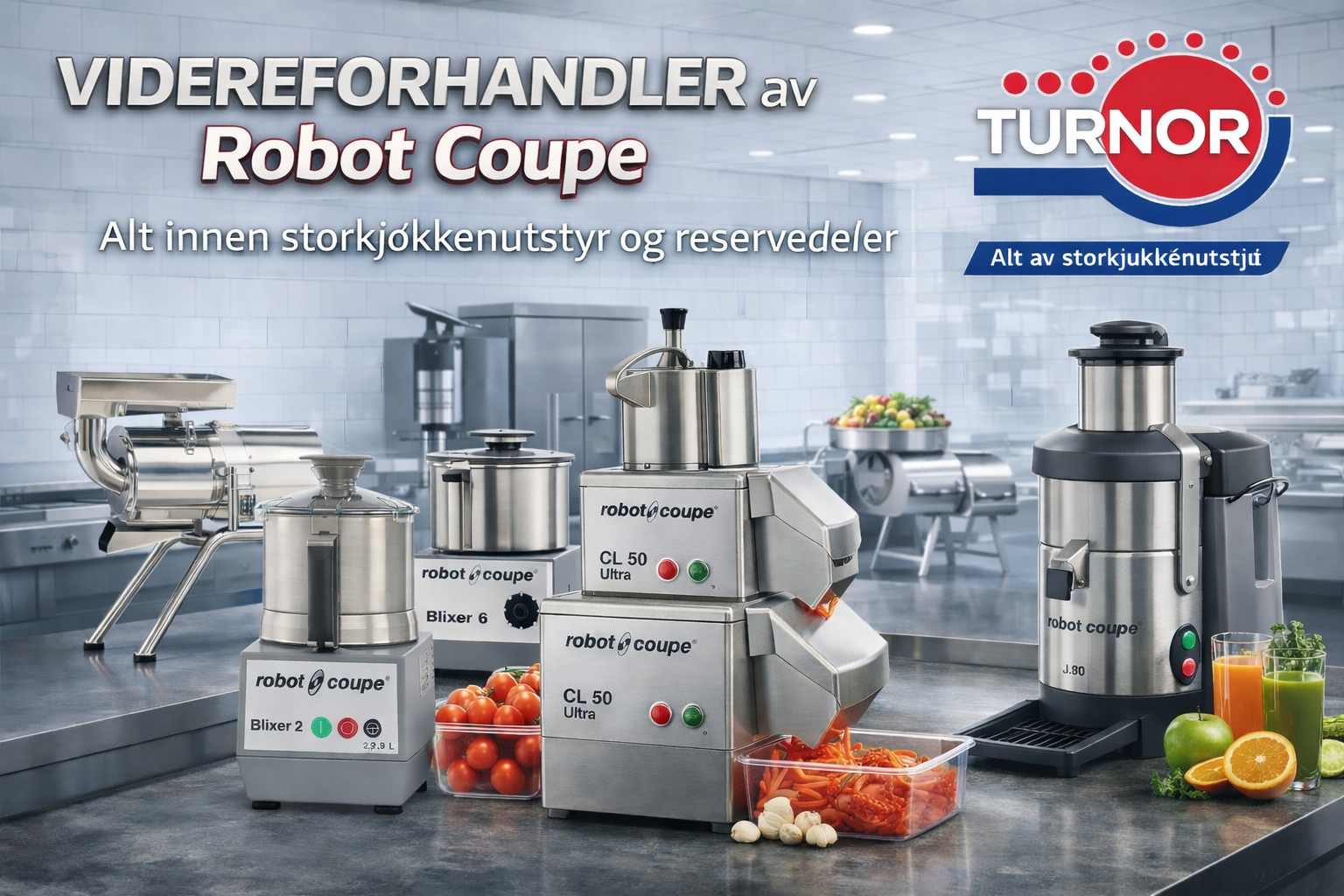 Robot Coupe hos Turnor: Kjøkkenmaskiner og reservedeler Robot Coupe Blixer 2, Blixer 6, CL 50 Ultra grønnsakskutter og J80 juicepresse på en arbeidsbenk i rustfritt stål