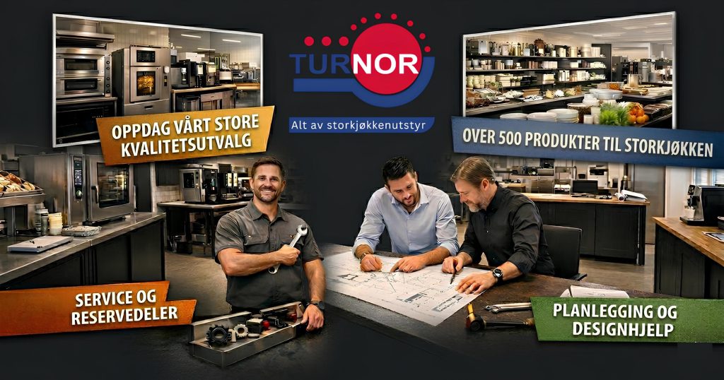 Turnor Storkjøkken 30 år: Alt av storkjøkkenutstyr siden 1996 Servicetekniker med verktøy og to rådgivere som planlegger et storkjøkken over tegninger hos Turnor