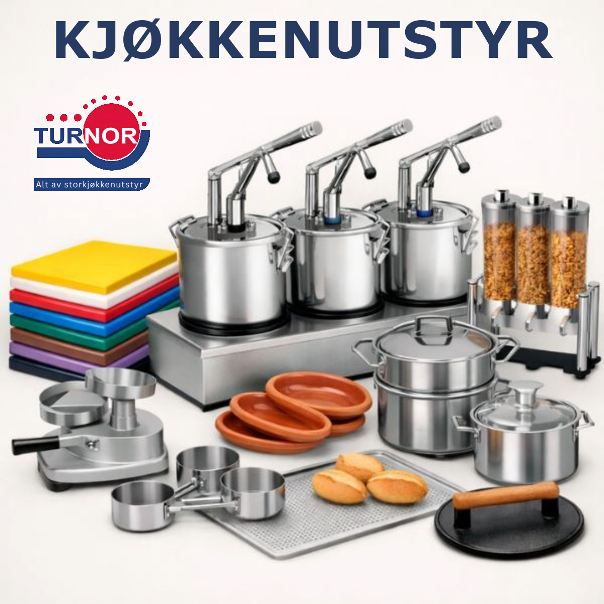 Kjøkkenutstyr til storkjøkken: Utstyret som gjør hverdagen enklere Sausdispensere, fargekodede skjærebrett, hamburgerpresse, gryter, frokostblandingsdispenser og stekepress fra Turnor