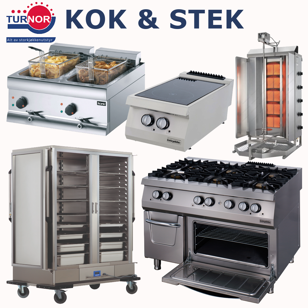 Kok og stek: Frityr, komfyr, induksjon og kebabgrill til storkjøkken Frityrkoker, induksjonstopp, kebabgrill, varmeskap og gasskomfyr med ovn fra Turnor